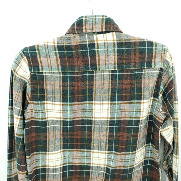 VTG L.L. Bean 100% Cotton Plaid Flannel Button Shirt S/M Cream/Green/Brown - Picture 10 of 16